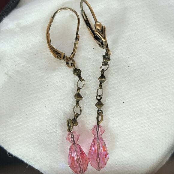Vintage Pink Glass Earrings 2 Inch Bronze Dangle Boho Jewelry - Picture 5 of 8
